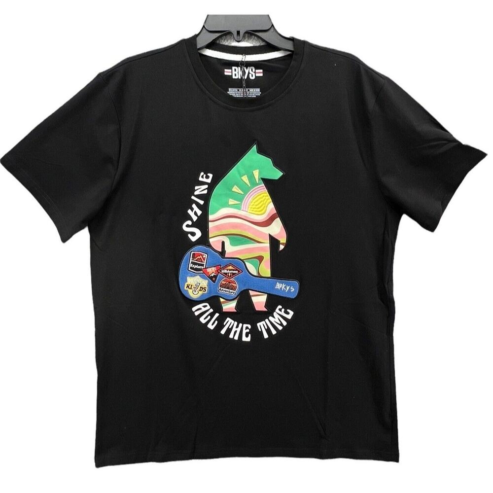 BKYS T Shirt L‎ Black Shine All The Time Guitar Graphic Tee Hip Hop Streetwear